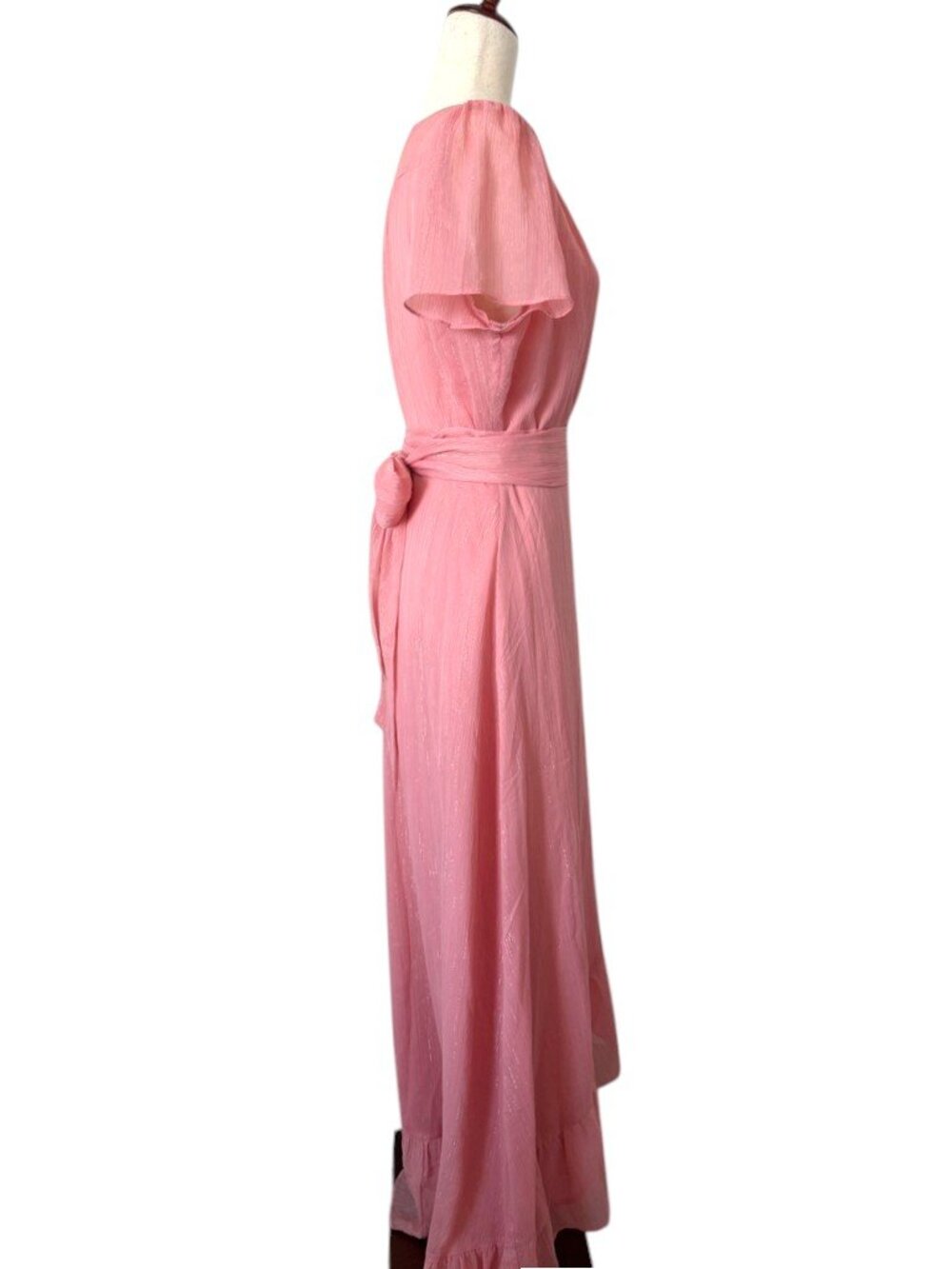 WAYF Wrap Maxi Dress Blush Pink Shimmer Ruffle Flutter Sleeve Womens Large L - Picture 3 of 5
